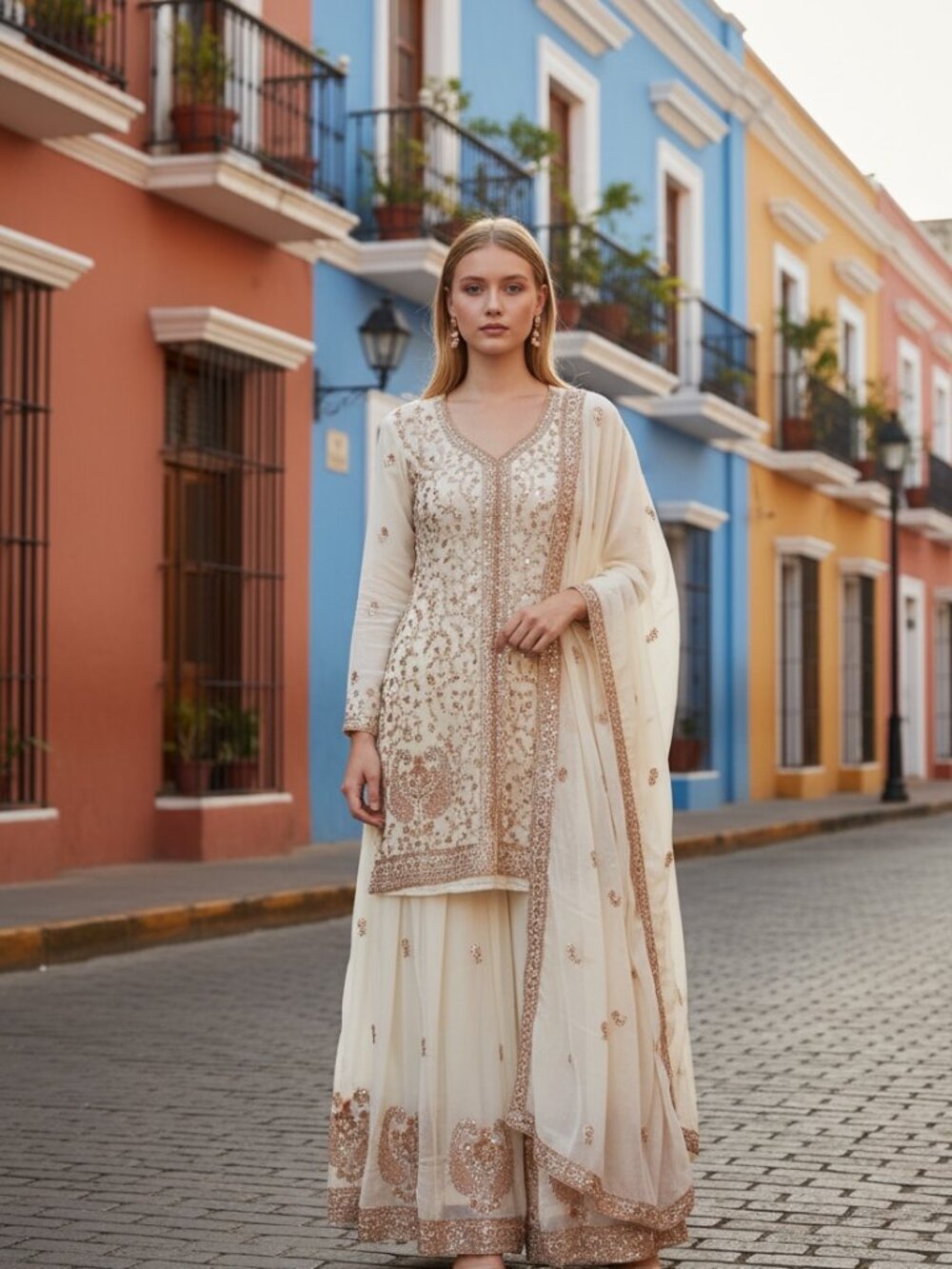 Heavy Work Russian Plazo Dress, Cultural Wear for Women